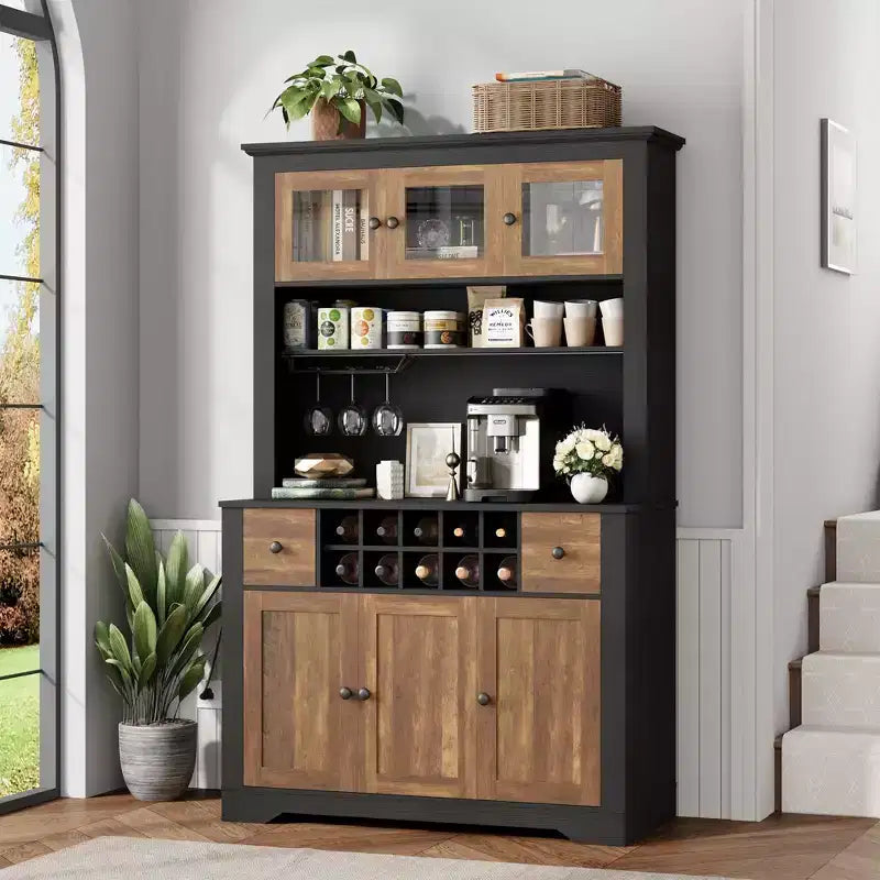 Mobile Bar da Fattoria da 174,5 cm, Mobile Bar Alto con 10 Ripiani, Credenza Bar con Contenitore per Soggiorno