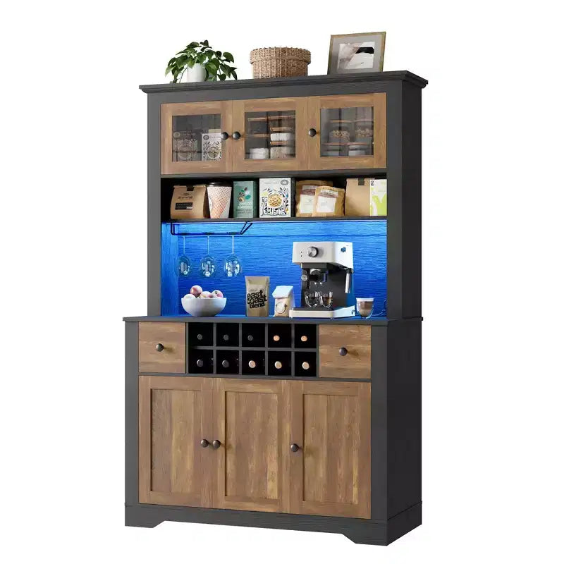 Mobile Bar da Fattoria da 174,5 cm, Mobile Bar Alto con 10 Ripiani, Credenza Bar con Contenitore per Soggiorno