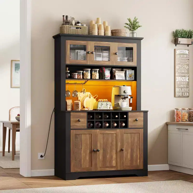 Mobile Bar da Fattoria da 174,5 cm, Mobile Bar Alto con 10 Ripiani, Credenza Bar con Contenitore per Soggiorno