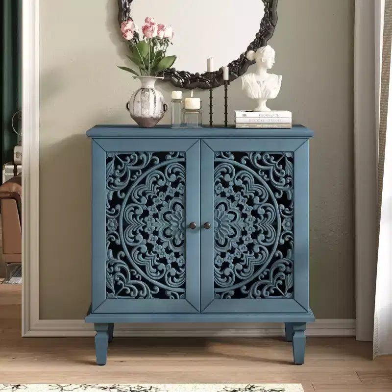 Buffet de Rangement Vintage avec 2 Portes Sculptées, Meuble d'Appoint Élégant pour Salon, Entrée ou Petits Espaces-Panipeachy