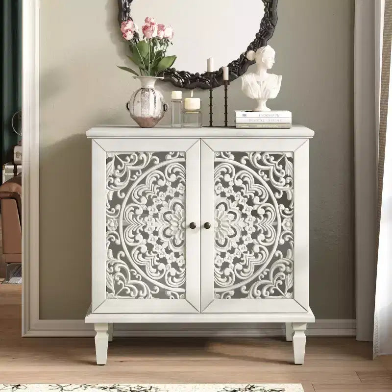 Buffet de Rangement Vintage avec 2 Portes Sculptées, Meuble d'Appoint Élégant pour Salon, Entrée ou Petits Espaces-Panipeachy