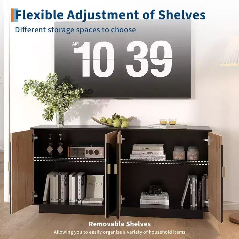 Mobile credenza moderno da 63 pollici in stile fattoria con ante scanalate e spazio contenitivo - Credenza contenitore per sala da pranzo, mobile bar e tavolo consolle per enoteca