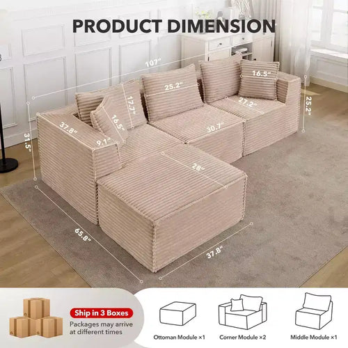 Divano Sezionale Modulare 141 con Pouf - Senza Montaggio, Confezione Sottovuoto, Memory Foam Ultra Morbido, Divano Convertibile per Soggiorno