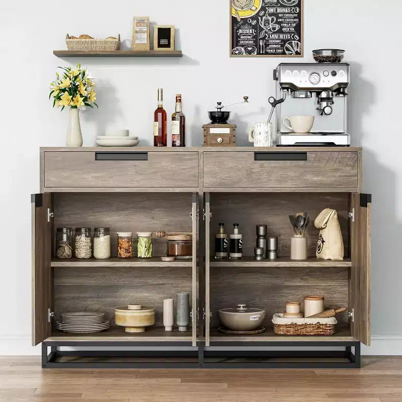 Credenza Buffet da 140 cm, Mobile Contenitore Moderno Grande con Base in Metallo, 2 Cassetti e 4 Ante, Tavolo da Caffè per Cucina, Sala da Pranzo