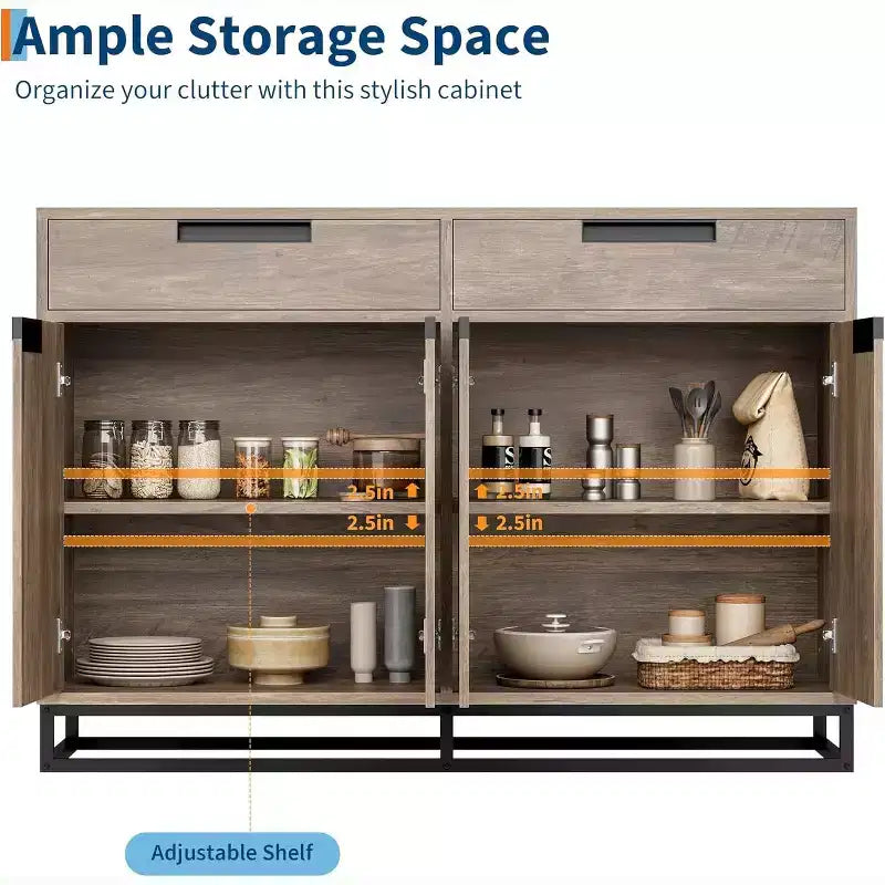 Credenza Buffet da 140 cm, Mobile Contenitore Moderno Grande con Base in Metallo, 2 Cassetti e 4 Ante, Tavolo da Caffè per Cucina, Sala da Pranzo