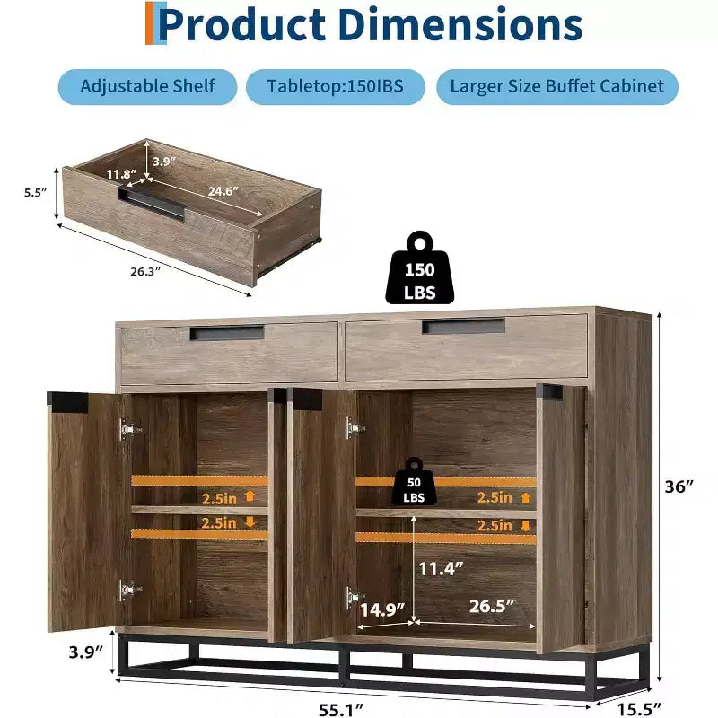 Credenza Buffet da 140 cm, Mobile Contenitore Moderno Grande con Base in Metallo, 2 Cassetti e 4 Ante, Tavolo da Caffè per Cucina, Sala da Pranzo