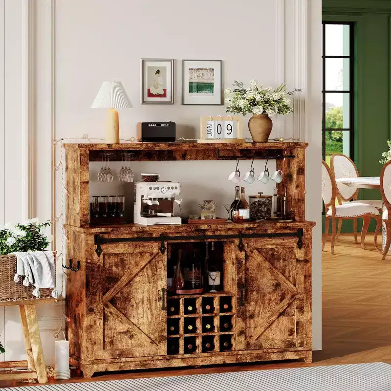 Mobile credenza da caffè da 140 cm stile coloniale con luci - Grande buffet con ante scorrevoli, portabottiglie, ripiani regolabili per cucina, sala da pranzo