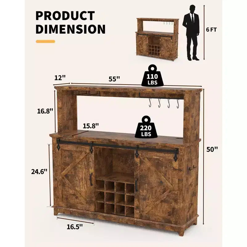 Mobile credenza da caffè da 140 cm stile coloniale con luci - Grande buffet con ante scorrevoli, portabottiglie, ripiani regolabili per cucina, sala da pranzo