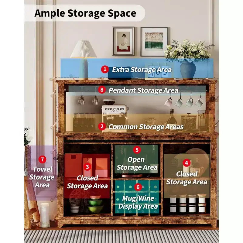 Mobile credenza da caffè da 140 cm stile coloniale con luci - Grande buffet con ante scorrevoli, portabottiglie, ripiani regolabili per cucina, sala da pranzo