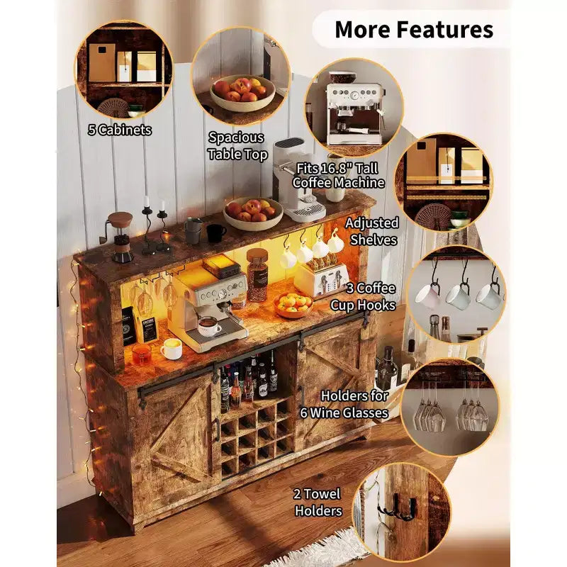 Mobile credenza da caffè da 140 cm stile coloniale con luci - Grande buffet con ante scorrevoli, portabottiglie, ripiani regolabili per cucina, sala da pranzo