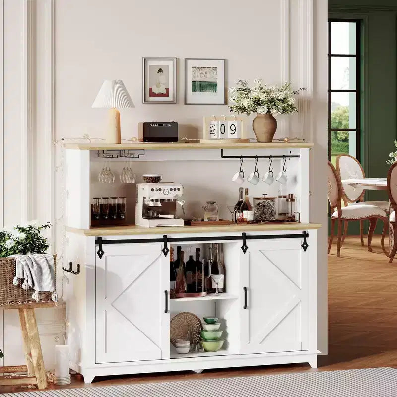 Mobile credenza da caffè da 140 cm stile coloniale con luci - Grande buffet con ante scorrevoli, portabottiglie, ripiani regolabili per cucina, sala da pranzo