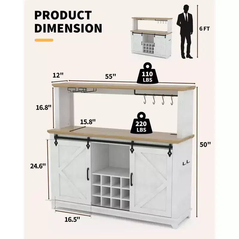 Mobile credenza da caffè da 140 cm stile coloniale con luci - Grande buffet con ante scorrevoli, portabottiglie, ripiani regolabili per cucina, sala da pranzo