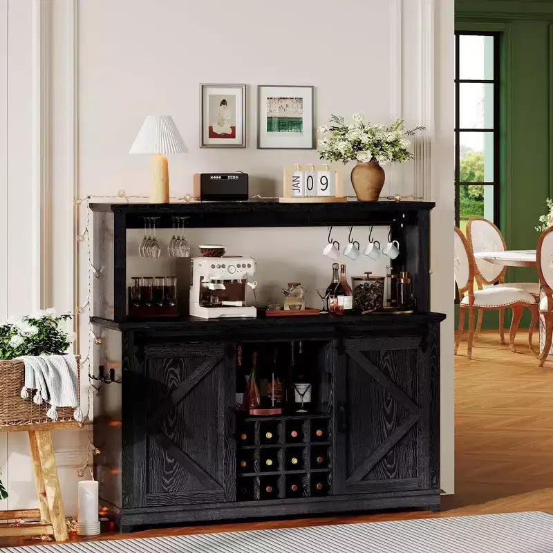 Mobile credenza da caffè da 140 cm stile coloniale con luci - Grande buffet con ante scorrevoli, portabottiglie, ripiani regolabili per cucina, sala da pranzo