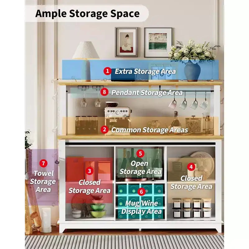 Mobile credenza da caffè da 140 cm stile coloniale con luci - Grande buffet con ante scorrevoli, portabottiglie, ripiani regolabili per cucina, sala da pranzo