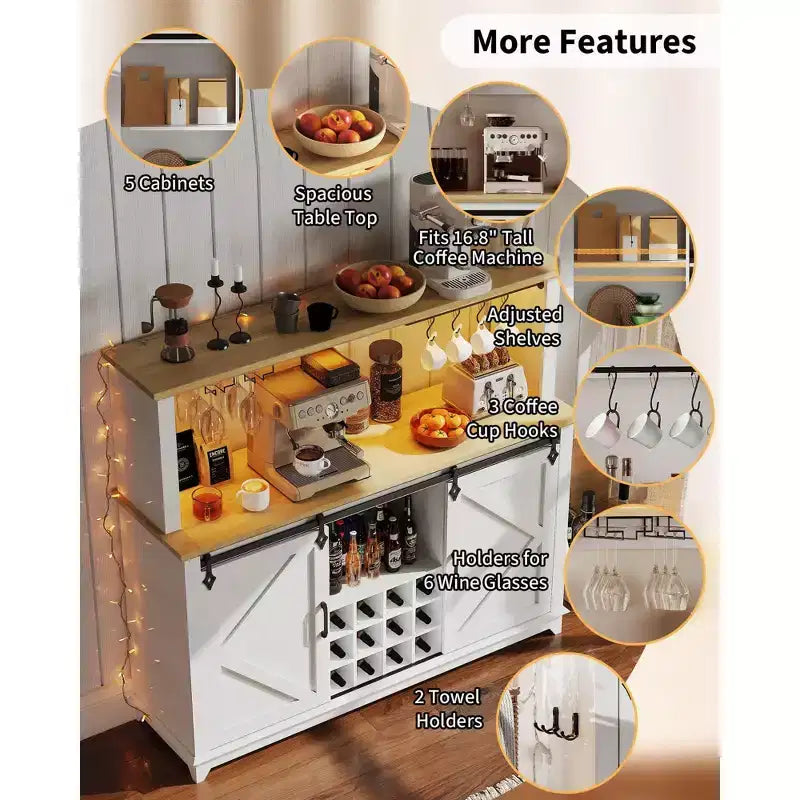 Mobile credenza da caffè da 140 cm stile coloniale con luci - Grande buffet con ante scorrevoli, portabottiglie, ripiani regolabili per cucina, sala da pranzo