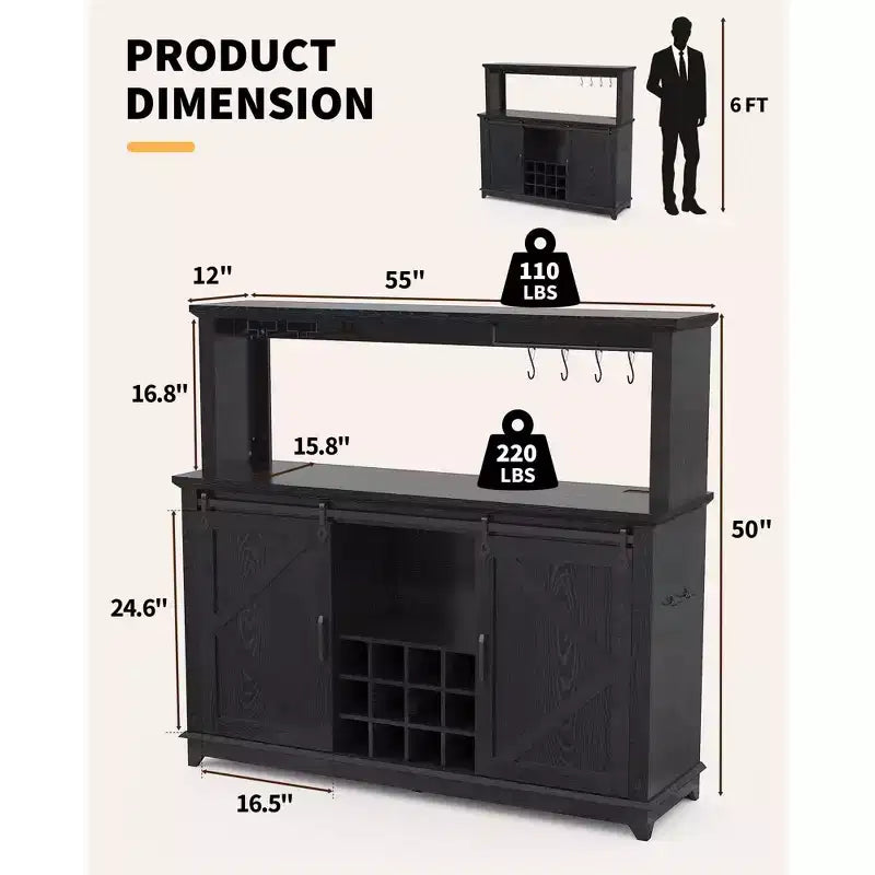 Mobile credenza da caffè da 140 cm stile coloniale con luci - Grande buffet con ante scorrevoli, portabottiglie, ripiani regolabili per cucina, sala da pranzo