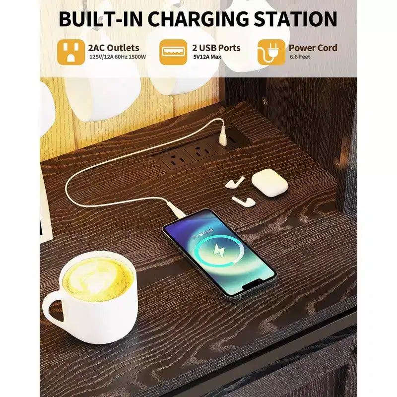 Mobile credenza da caffè da 140 cm stile coloniale con luci - Grande buffet con ante scorrevoli, portabottiglie, ripiani regolabili per cucina, sala da pranzo