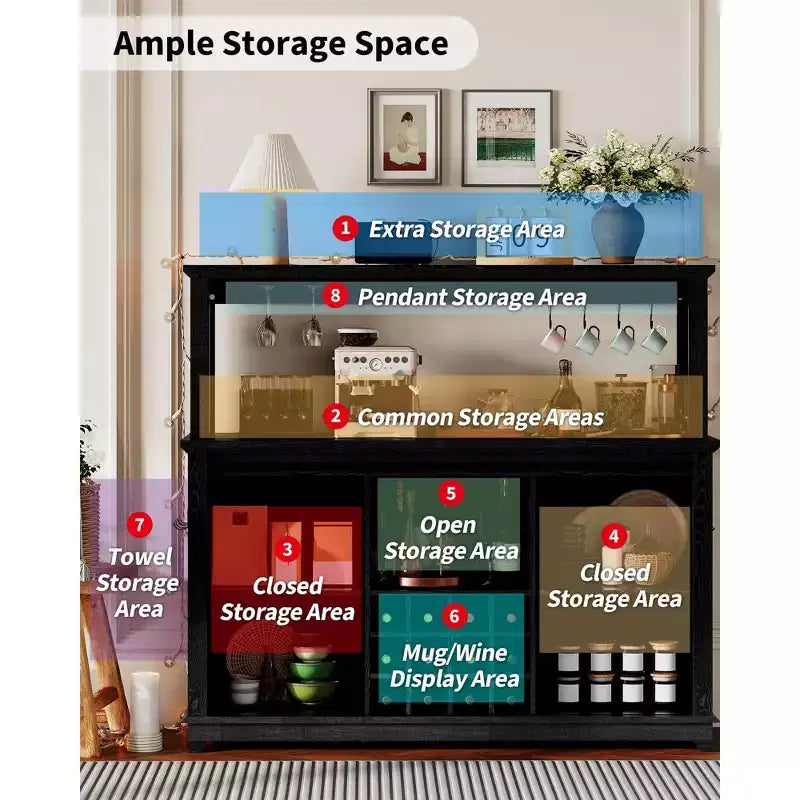 Mobile credenza da caffè da 140 cm stile coloniale con luci - Grande buffet con ante scorrevoli, portabottiglie, ripiani regolabili per cucina, sala da pranzo