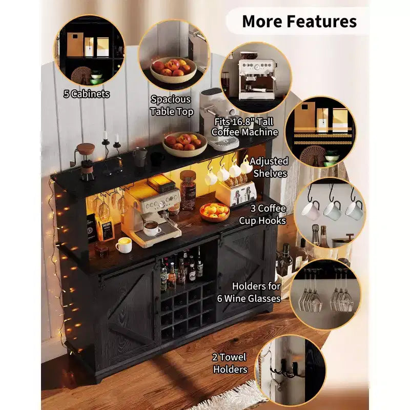 Mobile credenza da caffè da 140 cm stile coloniale con luci - Grande buffet con ante scorrevoli, portabottiglie, ripiani regolabili per cucina, sala da pranzo