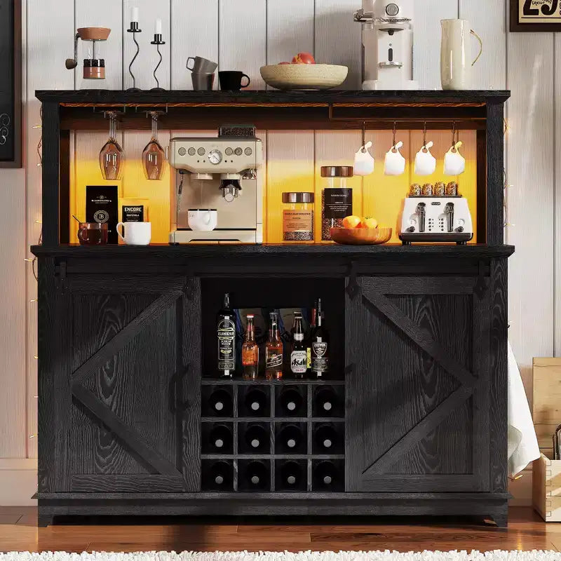 55 Farmhouse Coffee Bar Cabinet with Lights - Large Buffet Sideboard with Sliding Doors, Wine Rack, Adjustable Shelves for Kitchen, Dining Room