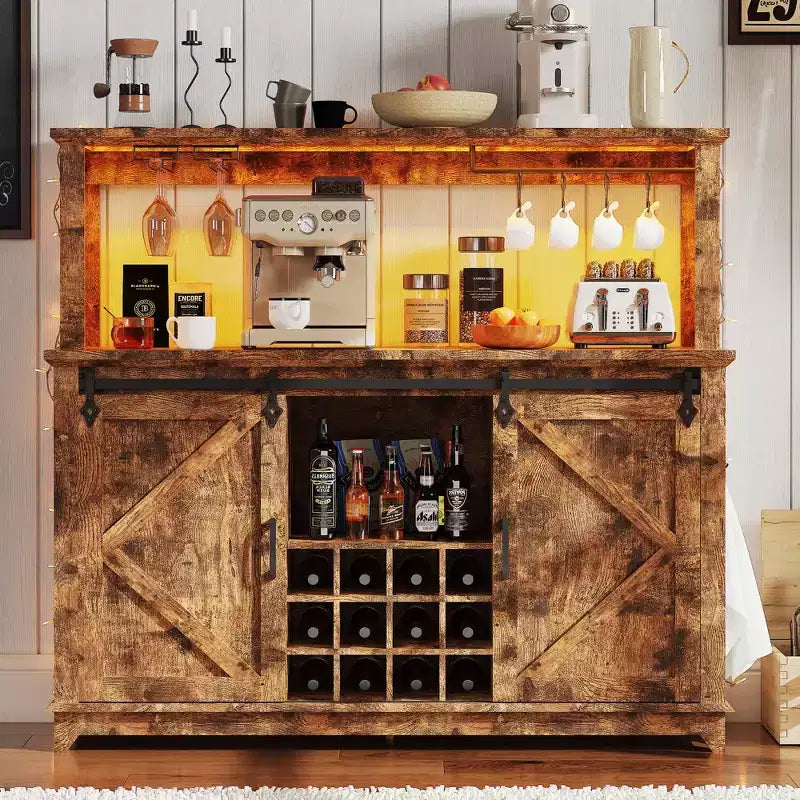 Mobile credenza da caffè da 140 cm stile coloniale con luci - Grande buffet con ante scorrevoli, portabottiglie, ripiani regolabili per cucina, sala da pranzo