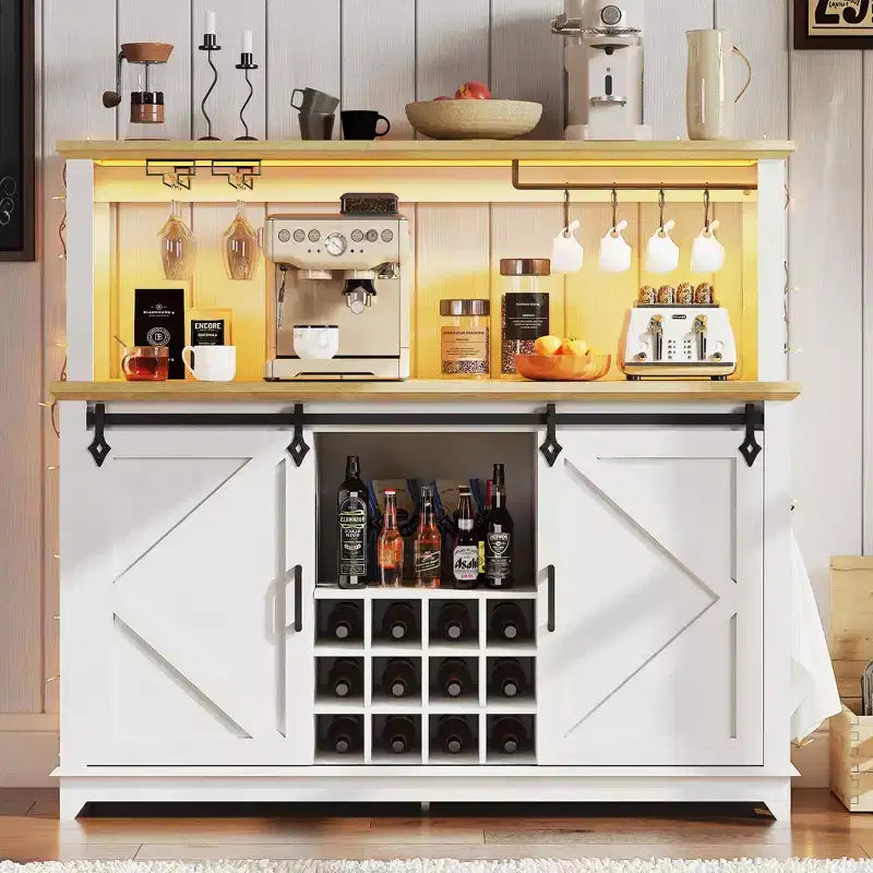 Mobile credenza da caffè da 140 cm stile coloniale con luci - Grande buffet con ante scorrevoli, portabottiglie, ripiani regolabili per cucina, sala da pranzo