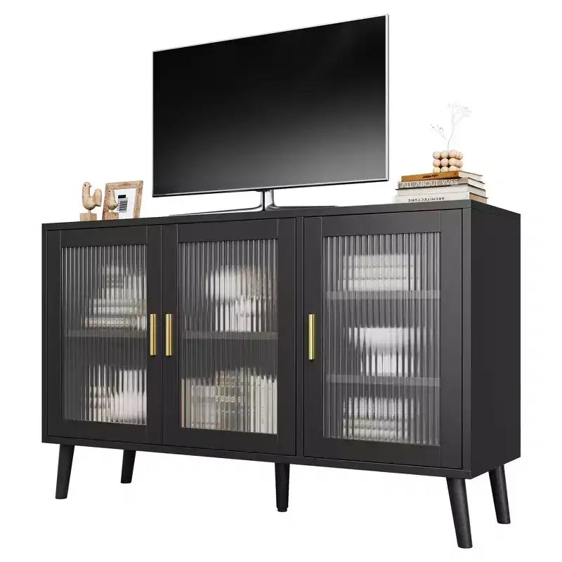 Storage Cabinet with 3 Long Rainbow Glass Doors, Large Capacity Particleboard Sideboard, Modern for Kitchen, Dining, or Living Room Black