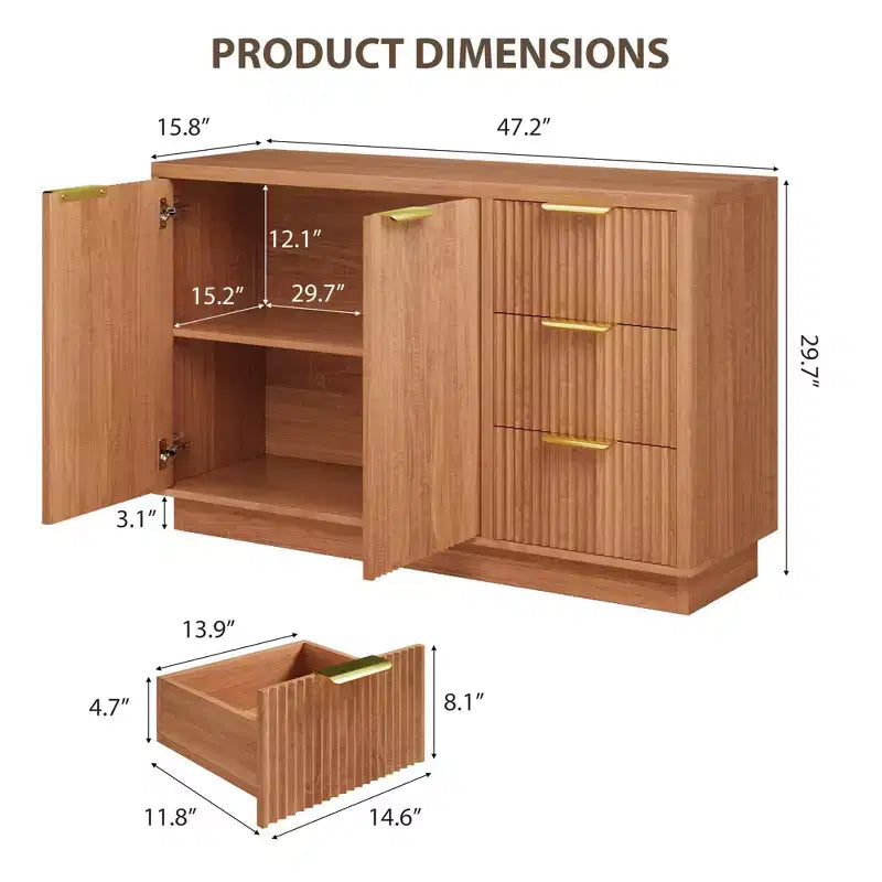 Bahut moderne de 120 cm avec rangement, armoire de cuisine compacte en bois avec 3 tiroirs et étagère, table de buffet pour salle à manger ou salon