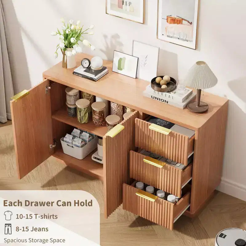 Madia moderna da 120 cm con contenitore, mobiletto compatto da cucina in legno con 3 cassetti e ripiano, tavolo buffet per sala da pranzo e soggiorno