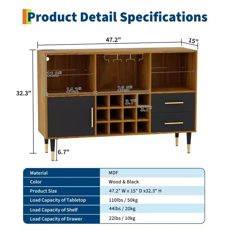 Mobiletto da caffè per agriturismo da 47 pollici, mobile bar indipendente con portabottiglie, credenza in legno, mobiletto moderno per liquori