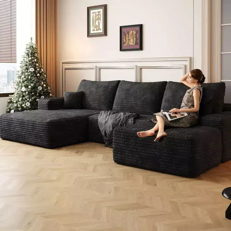 Divano Sezionale a Nuvola in Tessuto Corduroy Grigio Felpato da 107 Pollici con 1 Pouf, Divano a U Confortevole per Soggiorno