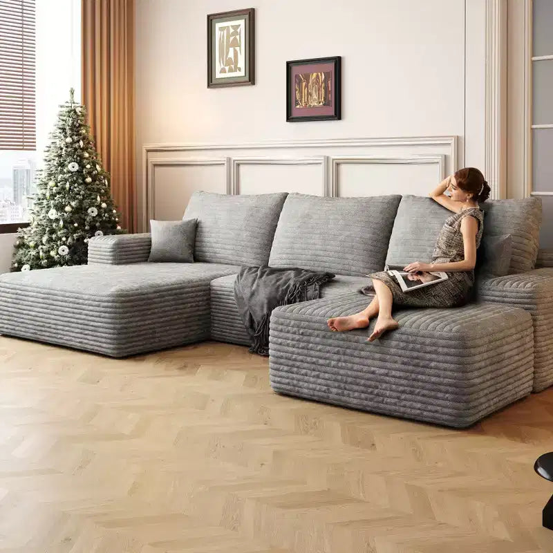 Divano Sezionale a Nuvola in Tessuto Corduroy Grigio Felpato da 107 Pollici con 1 Pouf, Divano a U Confortevole per Soggiorno
