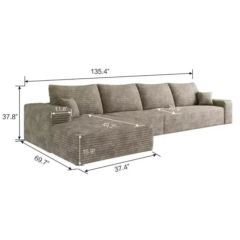 Divano componibile a nuvola da 135 pollici in velluto a coste felpato grigio con chaise longue a L, divano modulare moderno per soggiorno, appartamento
