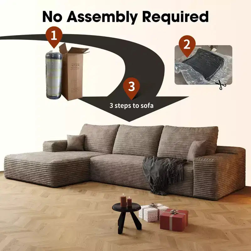 Divano componibile in velluto a coste da 107 pollici nero Cloud con chaise longue a L, divano modulare moderno con seduta profonda per soggiorno appartamento