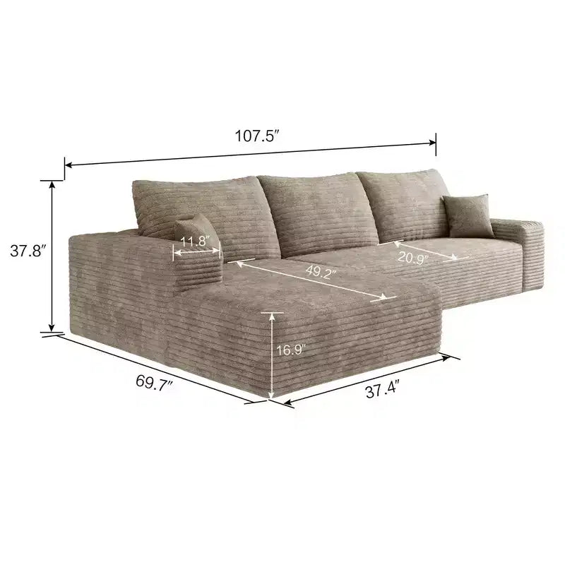 Divano componibile in velluto a coste da 107 pollici nero Cloud con chaise longue a L, divano modulare moderno con seduta profonda per soggiorno appartamento