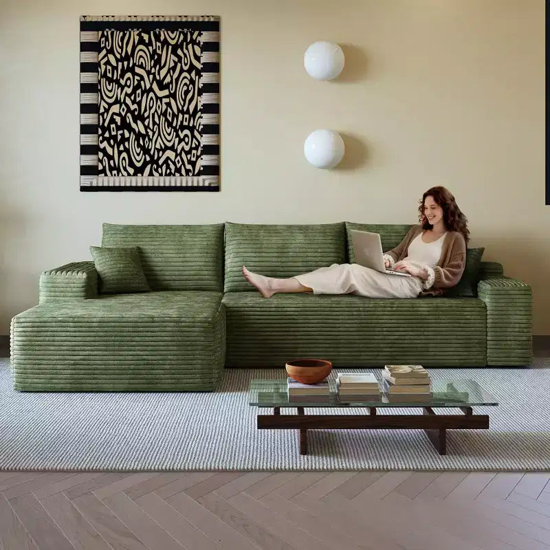 Divano componibile in velluto a coste da 107 pollici nero Cloud con chaise longue a L, divano modulare moderno con seduta profonda per soggiorno appartamento