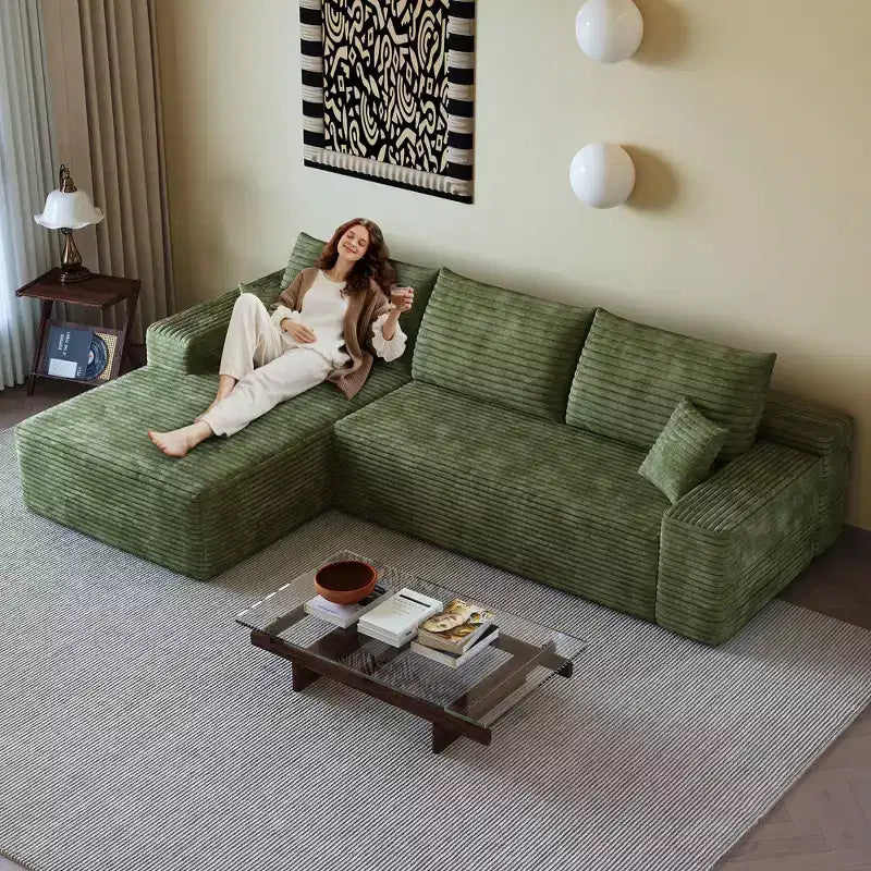 Divano componibile in velluto a coste da 107 pollici nero Cloud con chaise longue a L, divano modulare moderno con seduta profonda per soggiorno appartamento