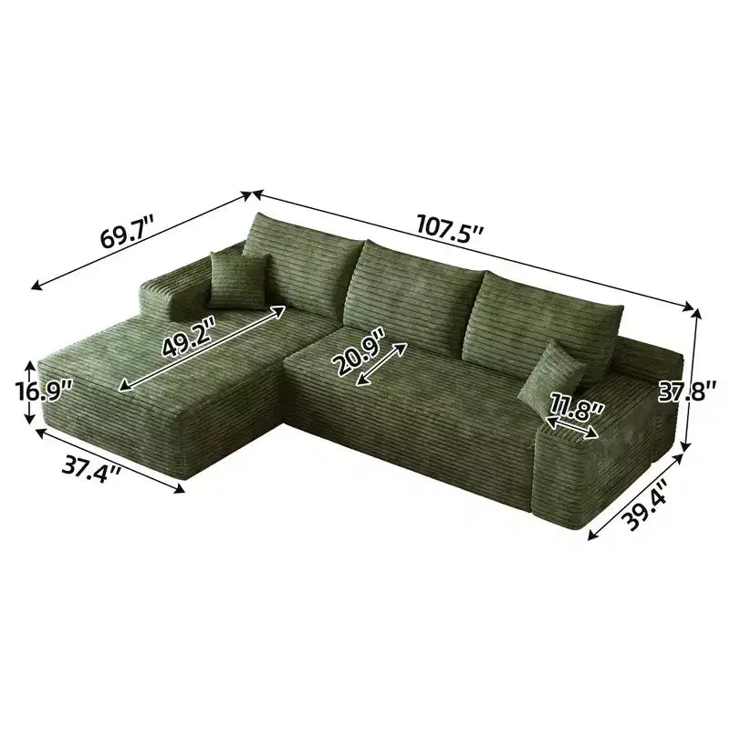 Divano componibile in velluto a coste da 107 pollici nero Cloud con chaise longue a L, divano modulare moderno con seduta profonda per soggiorno appartamento