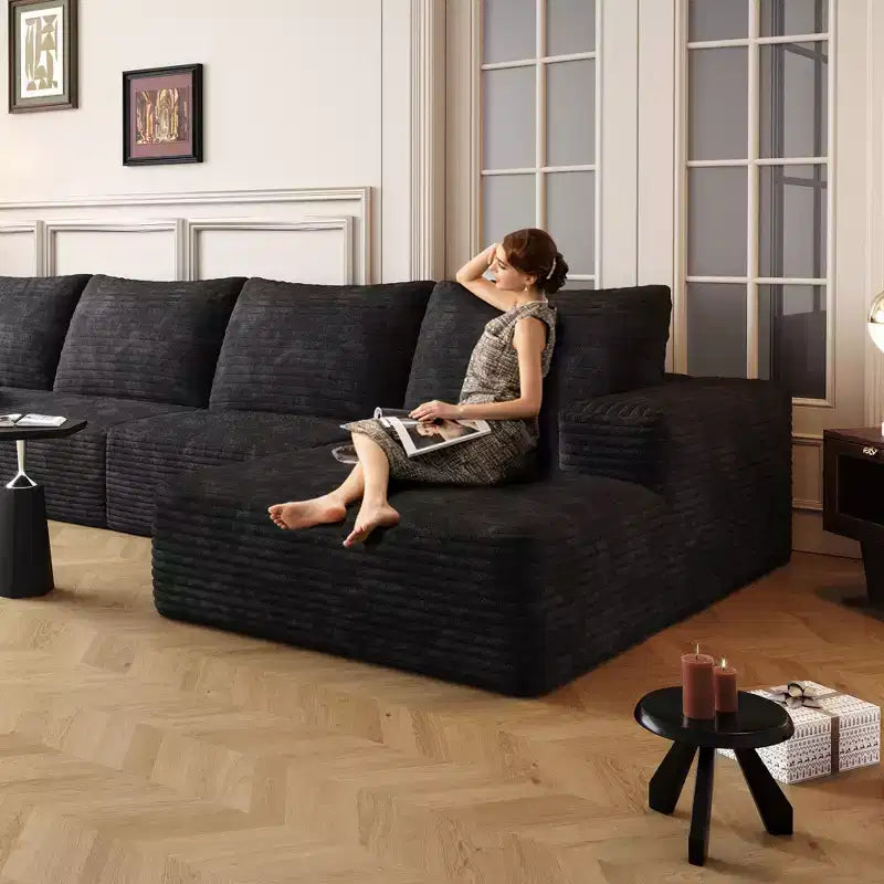 Divano componibile in velluto a coste da 107 pollici nero Cloud con chaise longue a L, divano modulare moderno con seduta profonda per soggiorno appartamento