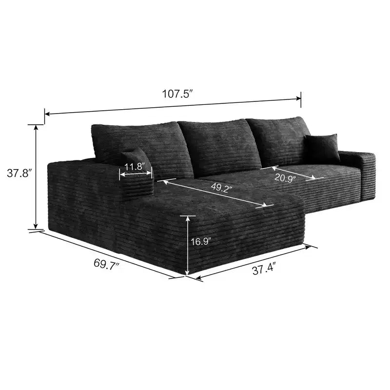 Divano componibile in velluto a coste da 107 pollici nero Cloud con chaise longue a L, divano modulare moderno con seduta profonda per soggiorno appartamento
