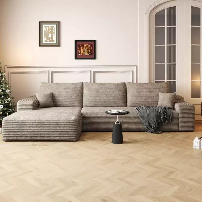 Divano componibile in velluto a coste da 107 pollici nero Cloud con chaise longue a L, divano modulare moderno con seduta profonda per soggiorno appartamento