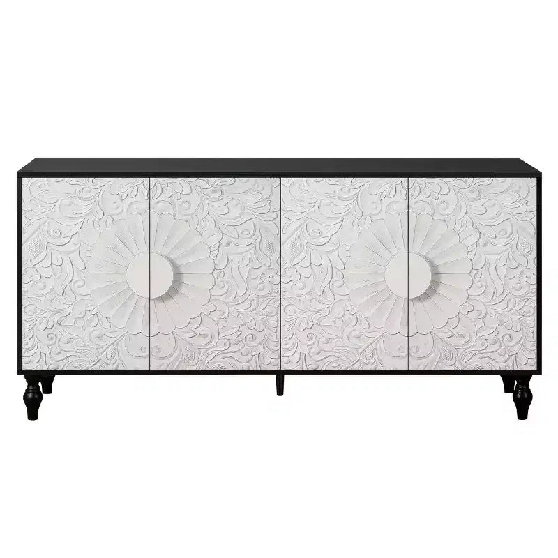 Credenza a Buffet, Mobiletto in Legno con Anta Scolpita a Fiori, Maniglia in Metallo, Credenza Autoportante