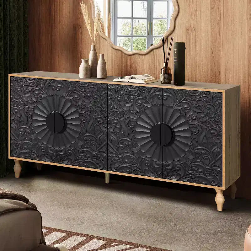 Credenza a Buffet, Mobiletto in Legno con Anta Scolpita a Fiori, Maniglia in Metallo, Credenza Autoportante