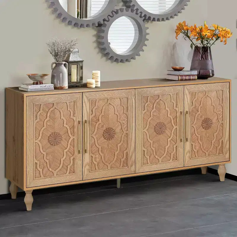Credenza a Buffet, Mobiletto in Legno con Anta Scolpita a Fiori, Maniglia in Metallo, Credenza Autoportante