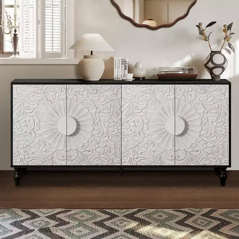 Credenza a Buffet, Mobiletto in Legno con Anta Scolpita a Fiori, Maniglia in Metallo, Credenza Autoportante
