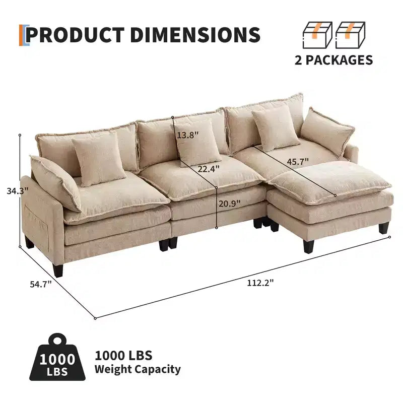 Acekool Divano Sezionale a L Oversize, Divano Modulare a 3 Posti in Ciniglia con Seduta Profonda e Pouf, Comodo Divano Convertibile per Soggiorno