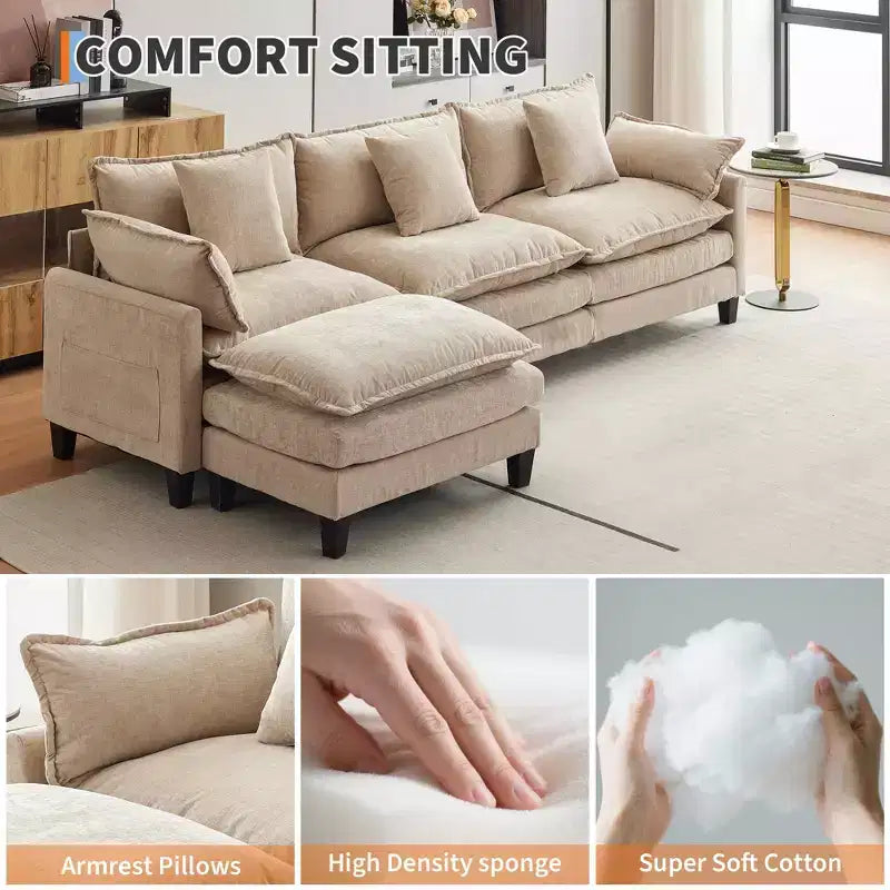 Acekool Divano Sezionale a L Oversize, Divano Modulare a 3 Posti in Ciniglia con Seduta Profonda e Pouf, Comodo Divano Convertibile per Soggiorno