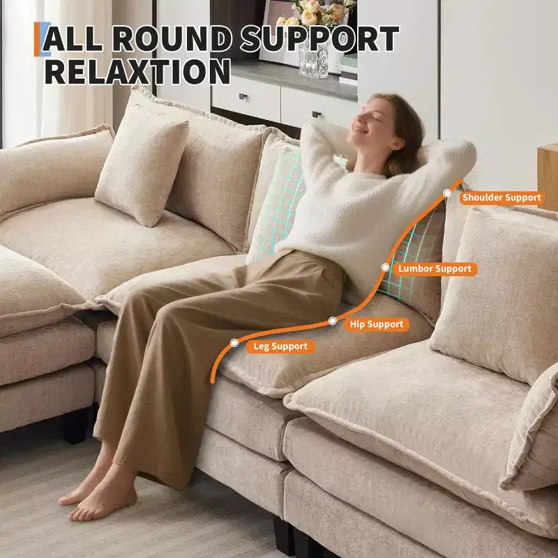 Acekool Divano Sezionale a L Oversize, Divano Modulare a 3 Posti in Ciniglia con Seduta Profonda e Pouf, Comodo Divano Convertibile per Soggiorno