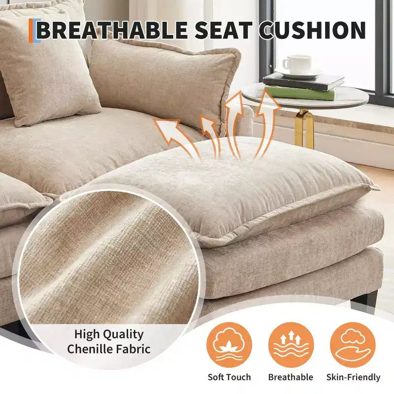 Acekool Divano Sezionale a L Oversize, Divano Modulare a 3 Posti in Ciniglia con Seduta Profonda e Pouf, Comodo Divano Convertibile per Soggiorno