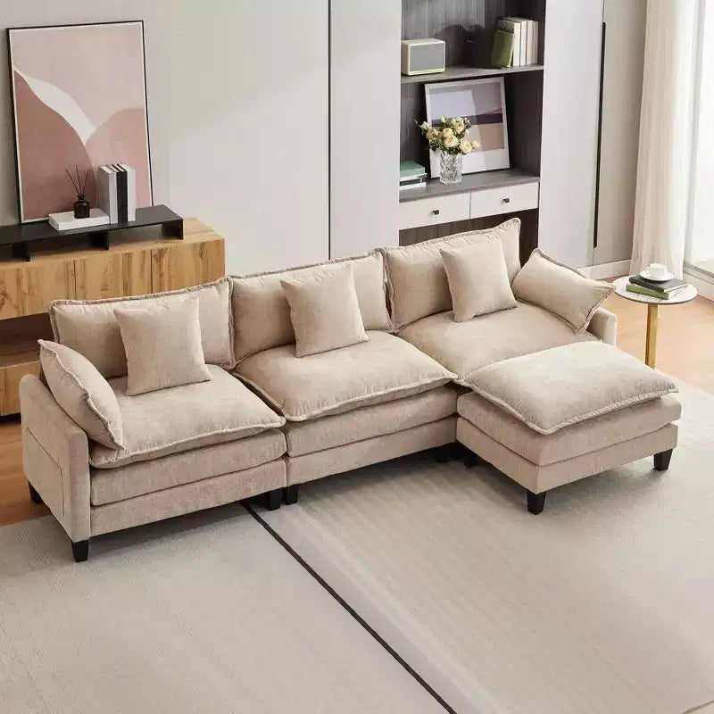 Acekool Divano Sezionale a L Oversize, Divano Modulare a 3 Posti in Ciniglia con Seduta Profonda e Pouf, Comodo Divano Convertibile per Soggiorno